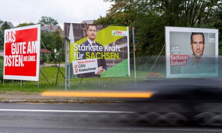 FILE PHOTO: Election campaign posters for the upcoming Saxony state elections are pictured in Kamenz