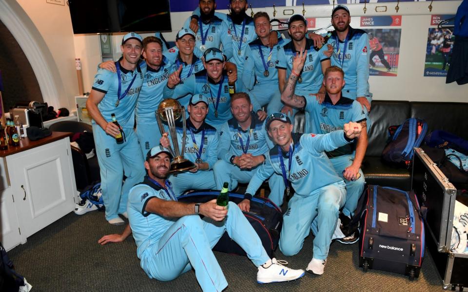 England celebrate in the dressing rooms after winning the Final of the ICC Cricket World Cup 2019 between England and New Zealand at Lord's Cricket Ground - The celebrations from Miss Pennys discount shop in Bradford to Downing Street with the PM - Cricket World Cup book extract - GETTY IMAGES