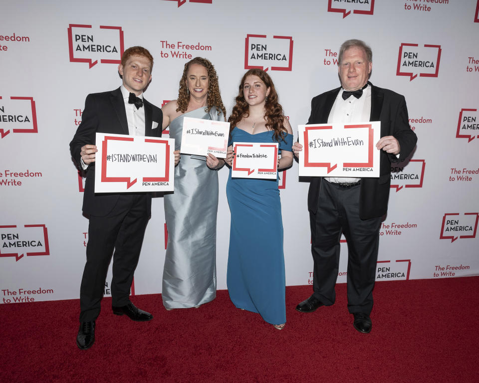 From left to right, Leo Greenberg, Suzanne Nossel, Eliza Greenberg and David Greenberg attend the PEN America Literary Gala at the American Museum of Natural History, Thursday, May 16, 2024, in New York. (Photo by Christopher Smith/Invision/AP)