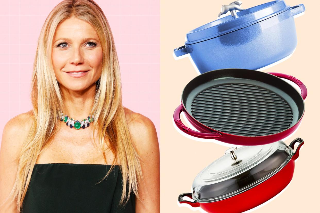 Gwyneth Paltrow next to 3 cookware items