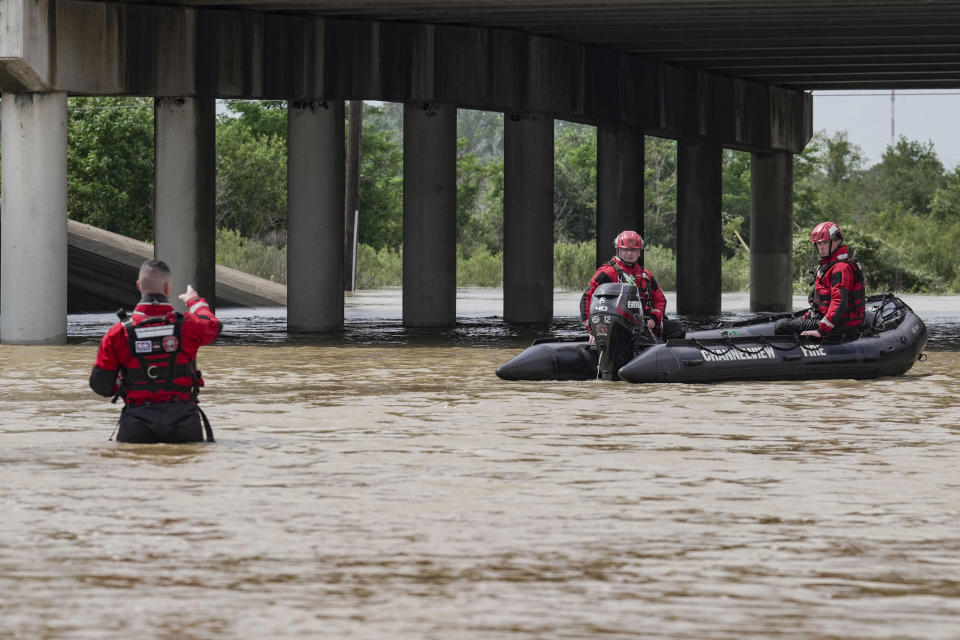 Channelview Fire Department and sheriffs get ready to help evacuate the area due to severe flooding, Saturday, May 4, 2024, in Channelview, Texas. (Raquel Natalicchio/Houston Chronicle via AP)