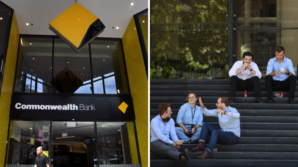 A composite image of a Commonwealth Bank branch and office workers sitting on building stairs in the city enjoying their lunch.