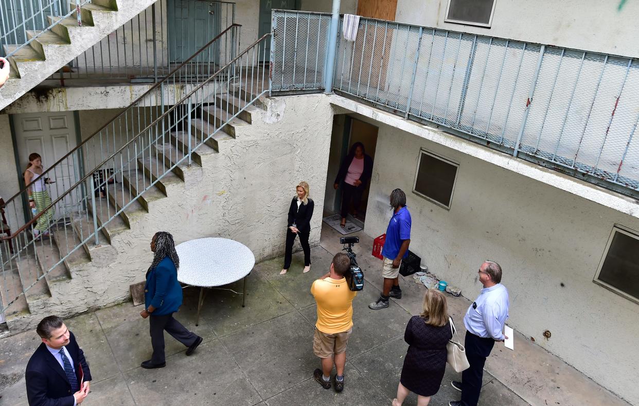 Mayor Donna Deegan leaves a Cascade Apartment residents apartment during a visit to the complex Tuesday afternoon. Jacksonville Mayor Donna Deegan, City Council Member Ju'Coby Pittman and representatives from the U.S, Department of Housing & Urban Development as well as code compliance personnel made a visit to the Cascade Apartments on Kings Park Drive after resident complaints about living conditions at the complex Tuesday, July 25, 2023. [Bob Self/Florida Times-Union]