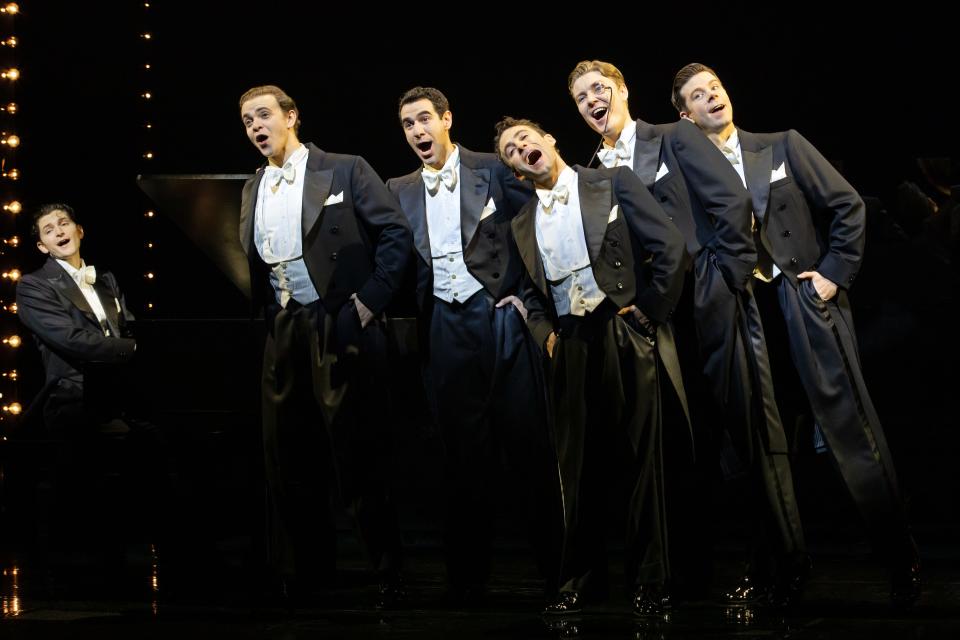 From left, Blake Roman, Steven Telsey, Zal Owen, Danny Kornfeld, Eric Peters and Sean Bell play the popular German troupe the Comedian Harmonists in the Broadway production of “Harmony.”