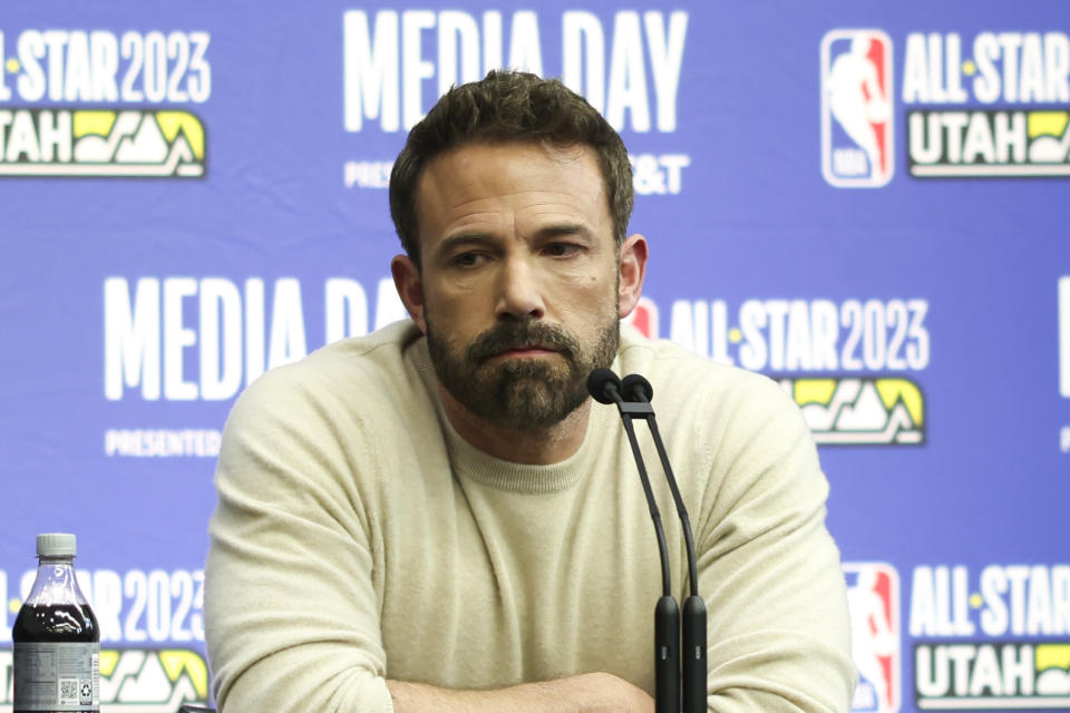 Actor, writer and director Ben Affleck addresses the media regarding his new Michael Jordon movie "Air" at an NBA basketball All-Star event Friday, Feb. 17, 2023, in Salt Lake City. (AP Photo/Rob Gray)