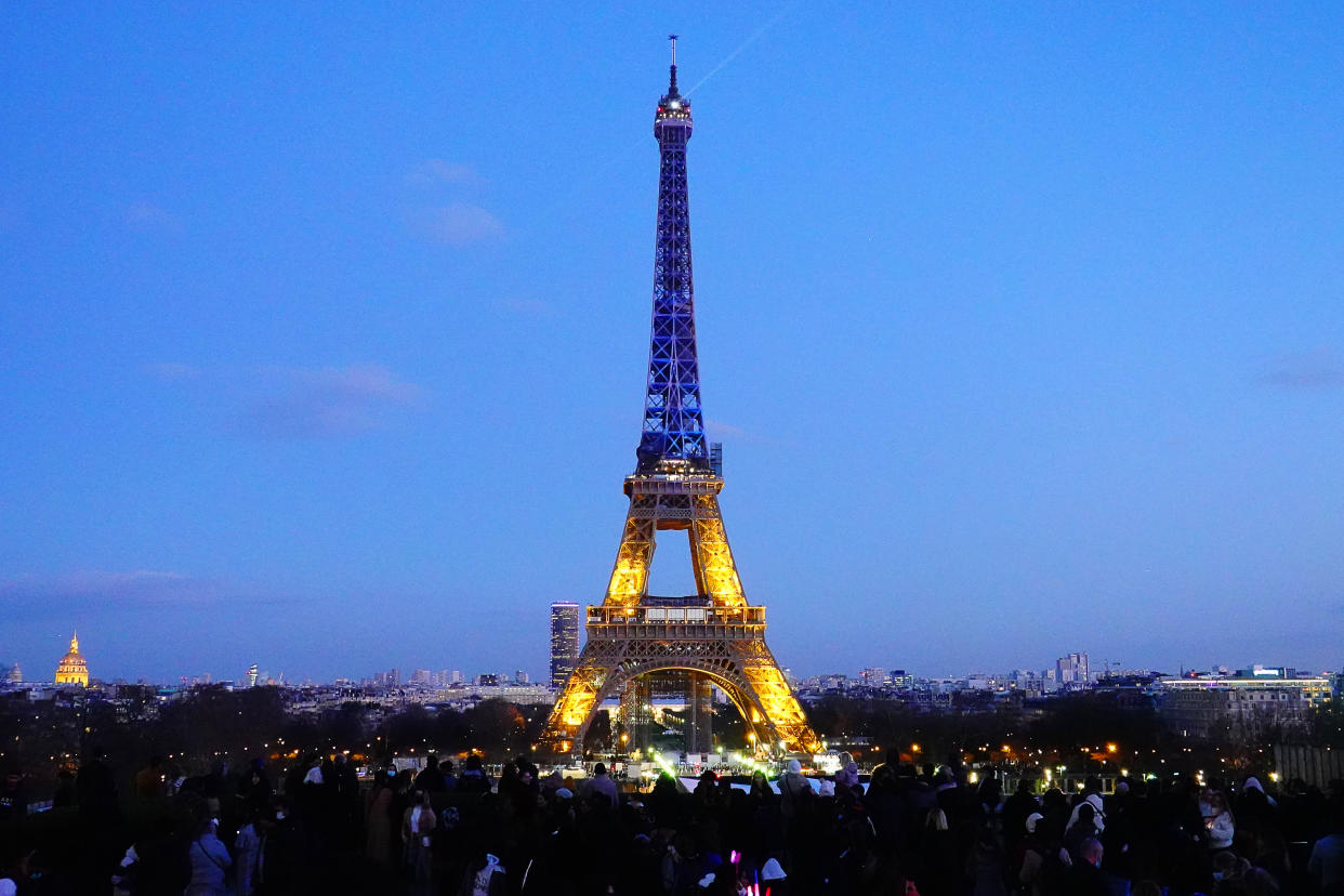 Eiffel Tower lit in Ukrainian national colours (Dmitry Orlov / TASS/Getty Images)