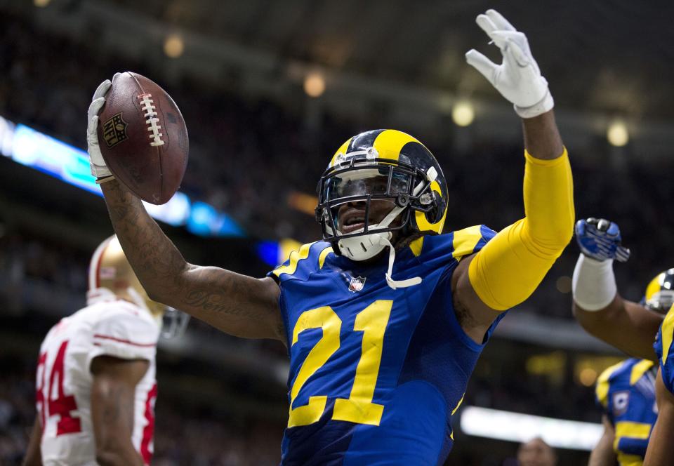 Cornerback Janoris Jenkins #21 of the St. Louis Rams celebrates in the end zone after recovering a fumble for a touchdown during the game against the San Francisco 49ers at the Edward Jones Dome on December 02, 2012 in St. Louis, Missouri. The Rams beat the 49ers 16-13 in overtime. (Photo by David Welker/Getty Images)