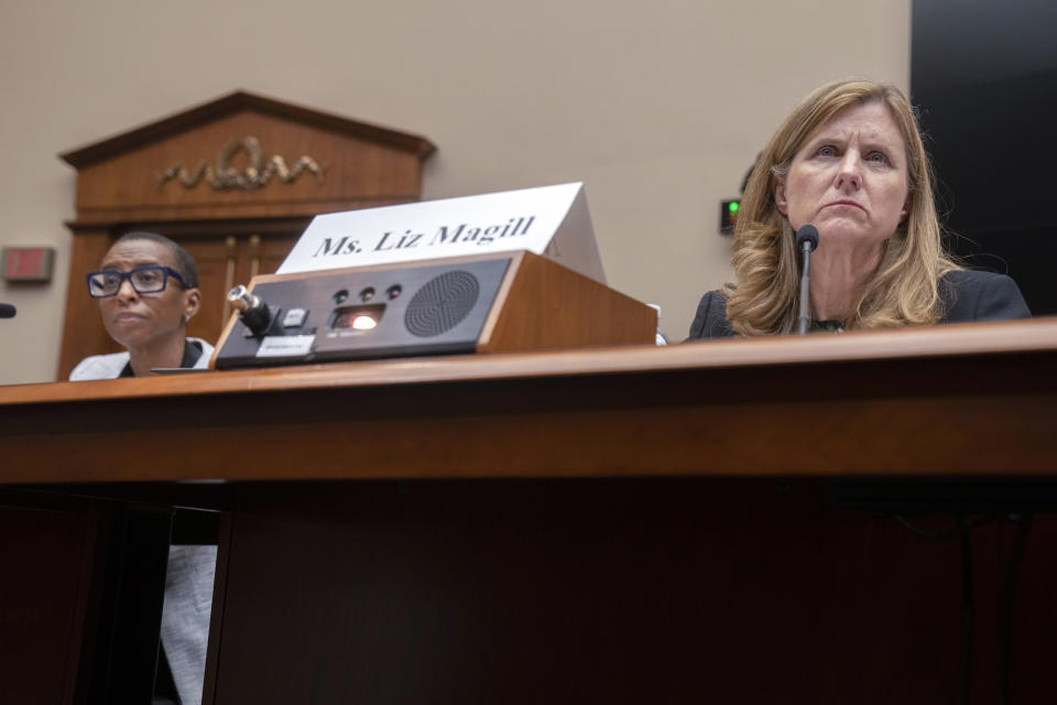 Harvard President Claudine Gay, left, and University of Pennsylvania President Liz Magill listen during a hearing of the House Committee on Education on Capitol Hill, Tuesday, Dec. 5, 2023 in Washington. (AP Photo/Mark Schiefelbein)