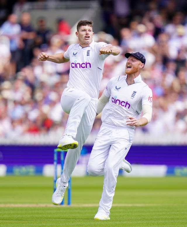 Matthew Potts celebrates the wicket of New Zealand’s Kane Williamson in 2022