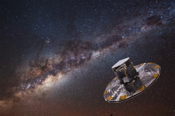 Artist representation of the Gaia spacecraft mapping the stars in the Milky Way galaxy.