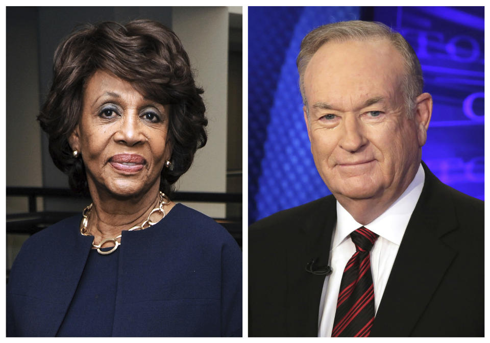 In this combination photo, Rep. Maxine Waters, D-Calif., left, appears at the Justice on Trial Film Festival on Oct. 20, 2013, in Los Angeles and Fox News personality Bill O'Reilly appears on the set of his show, "The O'Reilly Factor," on Oct. 1, 2015 in New York. Waters told MSNBC's Chris Hayes on April 5, 2017, that O'Reilly "needs to go to jail" over sexual harassment allegations. (AP Photos/Richard Shotwell, left, and Richard Drew)