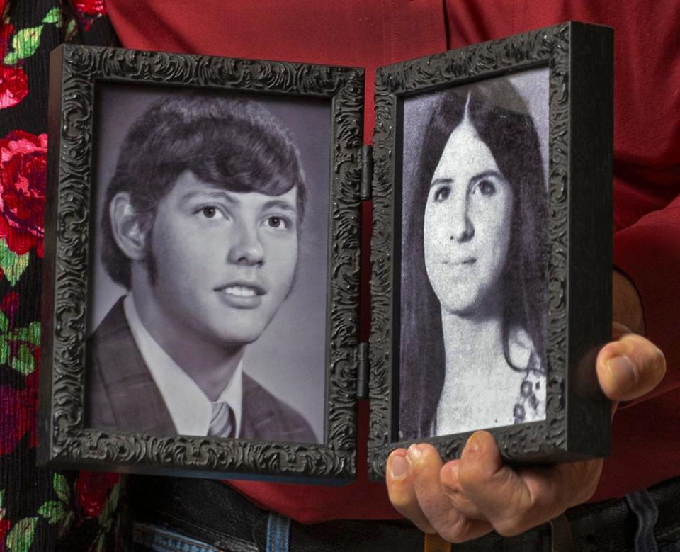 Tom Miller, right, and Theresa Rowell hold an old photos of themselves.