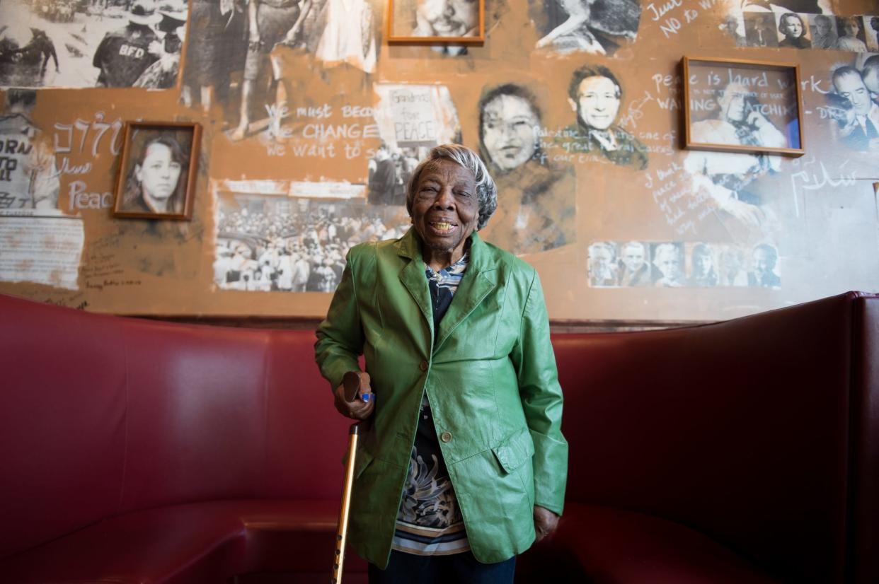 106 year-old Virginia McLaurin in Busboys and Poets on Feb 22, 2016 in Washington, DC. A video of McLaurin dancing with President and First Lady Obama last week at the White House went viral on the Internet.