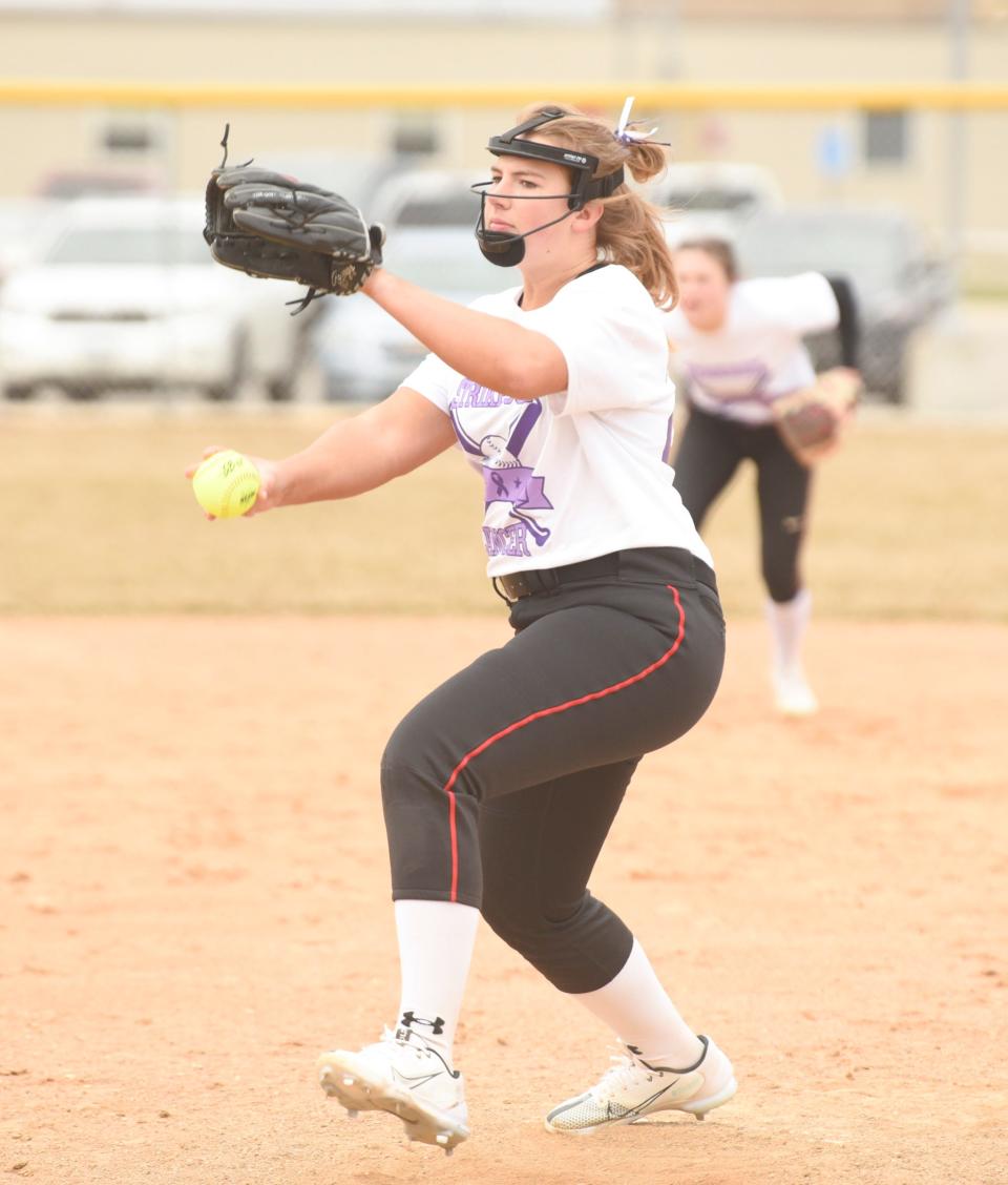 ROCORI senior Shelby Prom pitches the ball Thursday, April 28, 2022, at ROCORI High School in Cold Spring. 