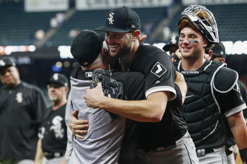 HOUSTON, TX - MAY 23:  Lucas Giolito #27 of the Chicago White Sox celebrates with Rick Renteria #36 after the game against the Houston Astros at Minute Maid Park on May 23, 2019 in Houston, Texas.  (Photo by Tim Warner/Getty Images)