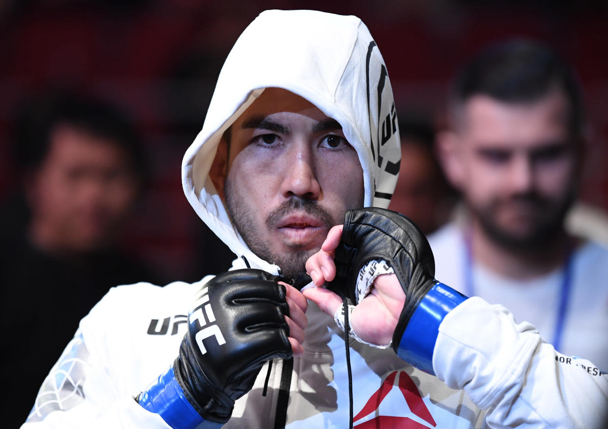 BEIJING, CHINA - NOVEMBER 24:  Louis Smolka prepares to fight Su Mudaerji in their bantamweight bout during the UFC Fight Night event inside Cadillac Arena on November 24, 2018 in Beijing, China. (Photo by Jeff Bottari/Zuffa LLC/Zuffa LLC via Getty Images)