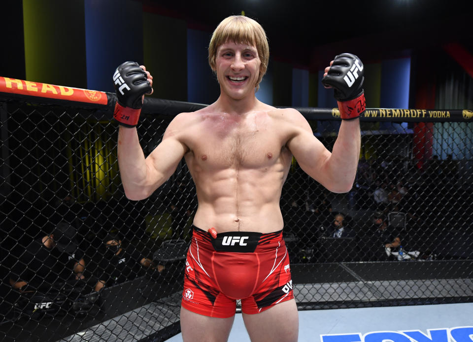 LAS VEGAS, NEVADA - SEPTEMBER 04: Paddy Pimblett of England reacts after knocking out Luigi Vendramini of Brazil in their lightweight fight during the UFC Fight Night event at UFC APEX on September 04, 2021 in Las Vegas, Nevada. (Photo by Jeff Bottari/Zuffa LLC)