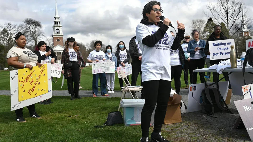 Mallory Hanora, of Families for Justice as Healing, participated in a rally for a prison construction moratorium bill on the Framingham Centre Common last April. The legislation would the construction of new prisons in Massachusetts for five years.