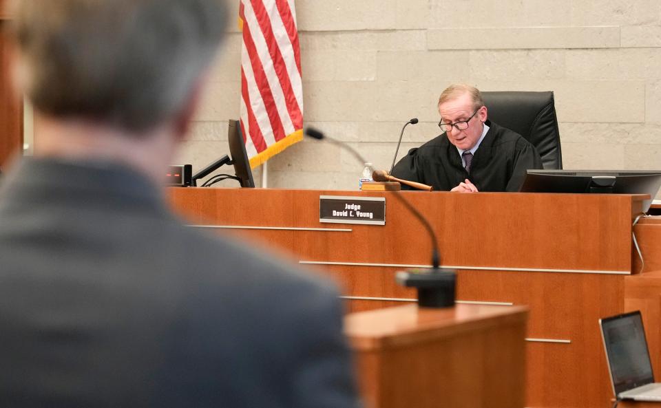 For the second time Friday, the trial of former Franklin County Sheriff's deputy Jason Meade — who is charged with murder in connection with the December 2020 shooting of a Black man — was declared a mistrial. Pictured is Franklin County Common Pleas judge David Young setting aside the first mistrial and sending the jury back to deliberate.