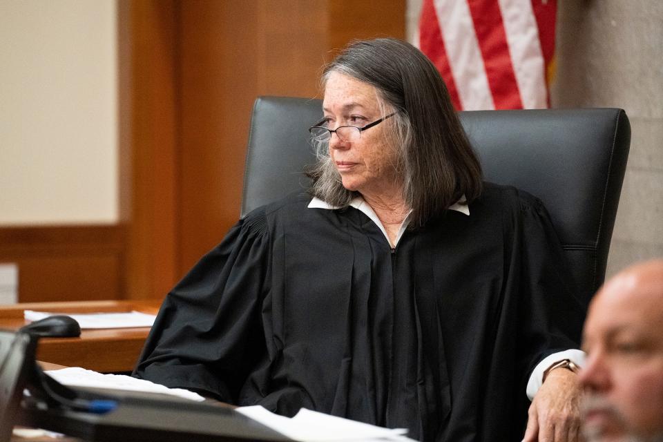 Jul 28, 2022; Columbus, Ohio, US;  Franklin County Common Pleas Court Judge Julie Lynch looks over at Gerson Fuentes, 27, who is facing two counts of rape of a child under the age of 13, on Thursday morning, during his bond hearing.