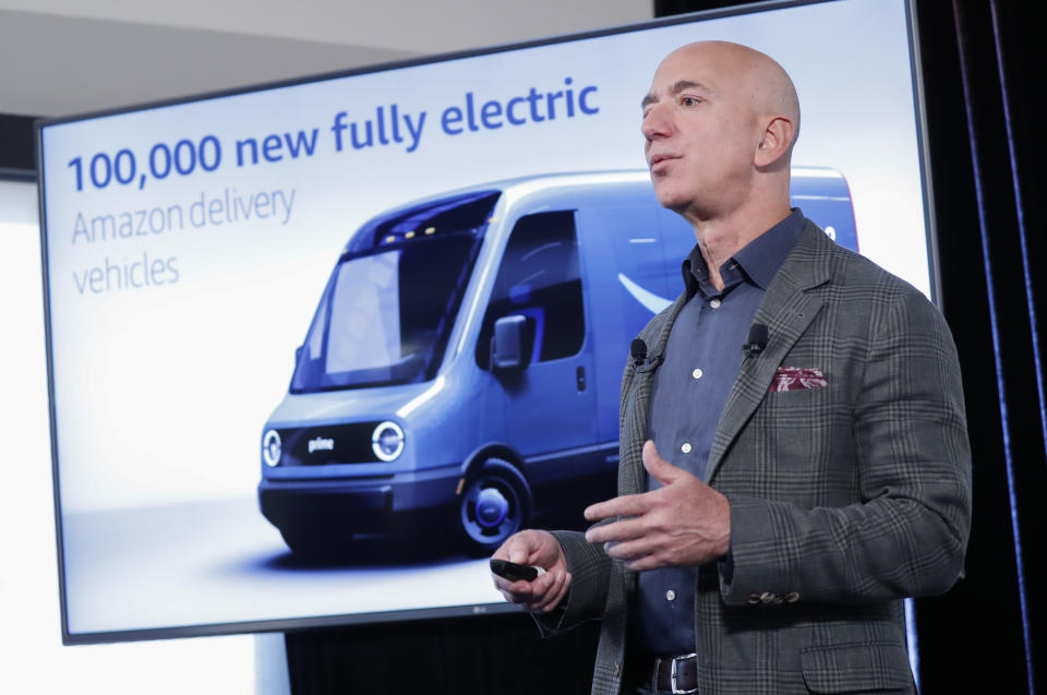 Amazon CEO Jeff Bezos speaks during his news conference at the National Press Club in Washington, Thursday, Sept. 19, 2019. Bezos announced the Climate Pledge, setting a goal to meet the Paris Agreement 10 years early. (AP Photo/Pablo Martinez Monsivais)