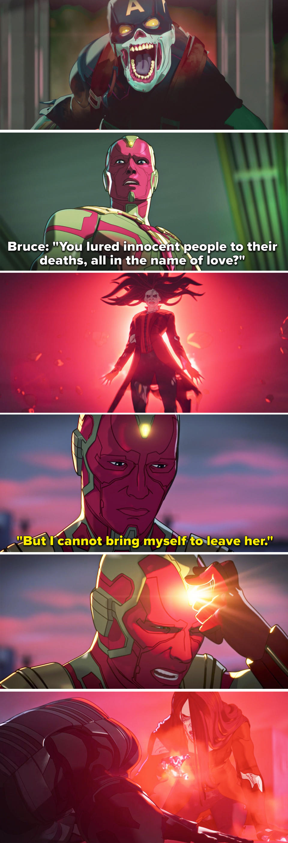 Vision saying, "But I cannot bring myself to leave her" and ripping the mind stone out of his head