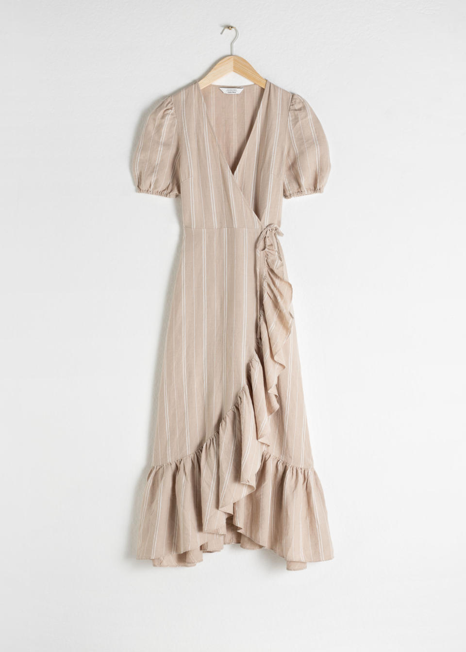 Ruffled Linen Wrap Midi Dress