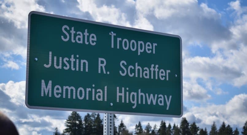 A 6-mile section of State Route 6 near Chehalis was named for WSP Trooper Justin Schaffer, March 24, 2024 (WSP)