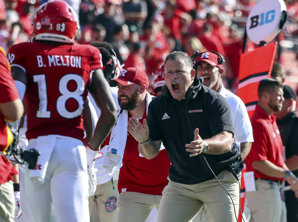 Rutgers head coach Greg Schiano reacts after his team scored a touchdown during the first half of an NCAA college football game against Delaware, Saturday, Sept. 18, 2021, in Piscataway, N.J. (Andrew Mills/NJ Advance Media via AP)