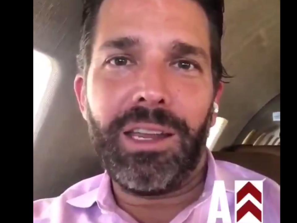 <p>Donald Trump Jr encourages supporters to “welcome” Democratic campaign bus and vice presidential nominee, Kamala Harris</p> (@KamVTV / Twitter)