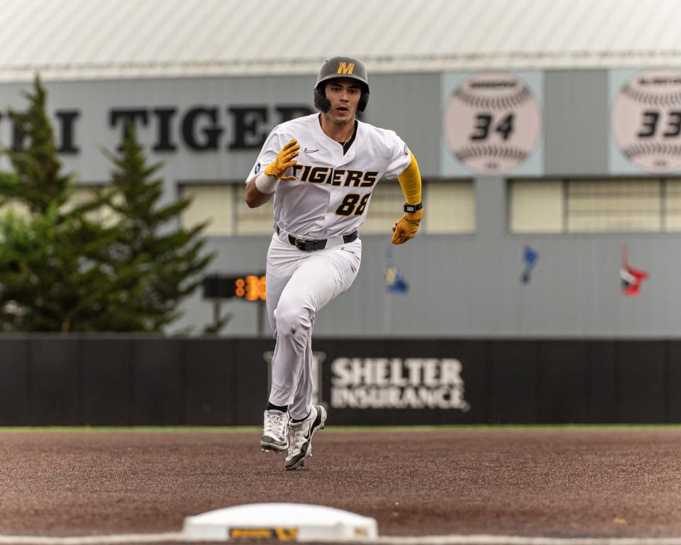 Missouri baseball designated hitter Mateo Serna runs toward base during a game against South Carolina on Saturday, May 4, at Taylor Stadium in Columbia, Missouri.