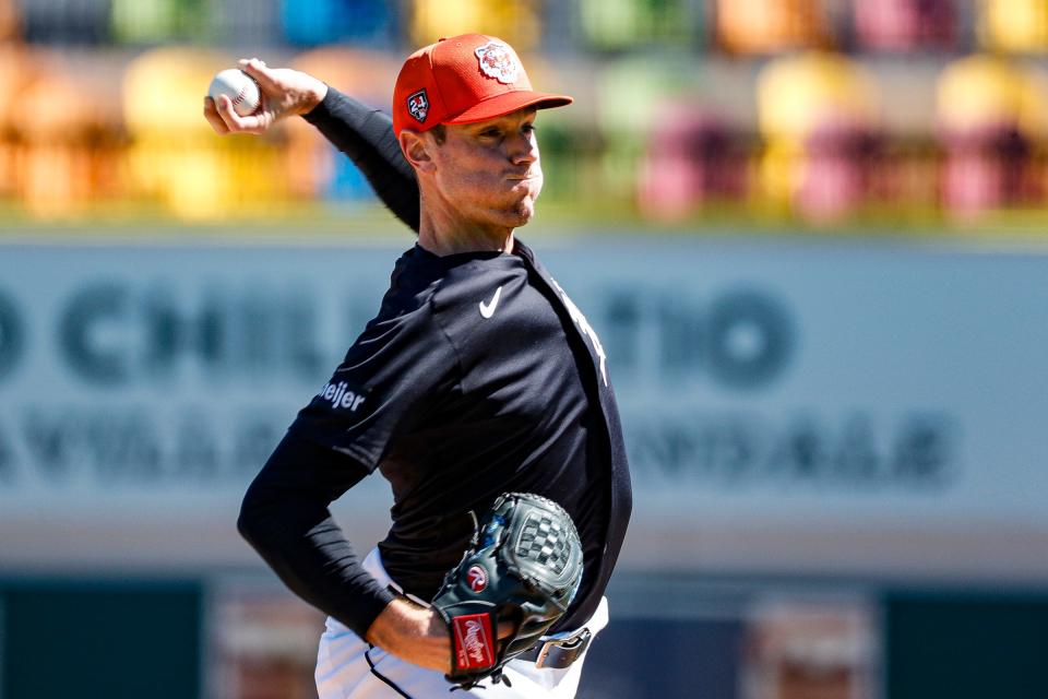 Detroit Tigers pitcher Joey Wentz throws during spring training at Joker Marchant Stadium in Lakeland, Florida, on Thursday, Feb. 22, 2024.