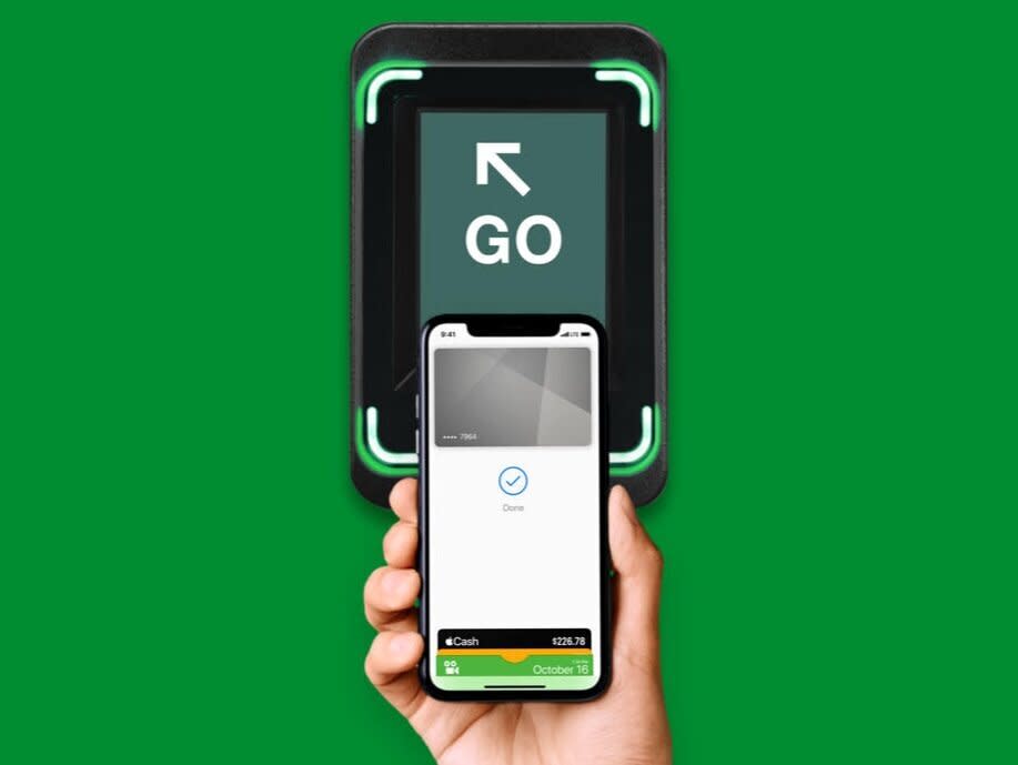 The MTA's contactless payment service will let you pay for subways and buses with your iPhone, Apple Watch, Android device, or Fitbit. (Image: Apple)