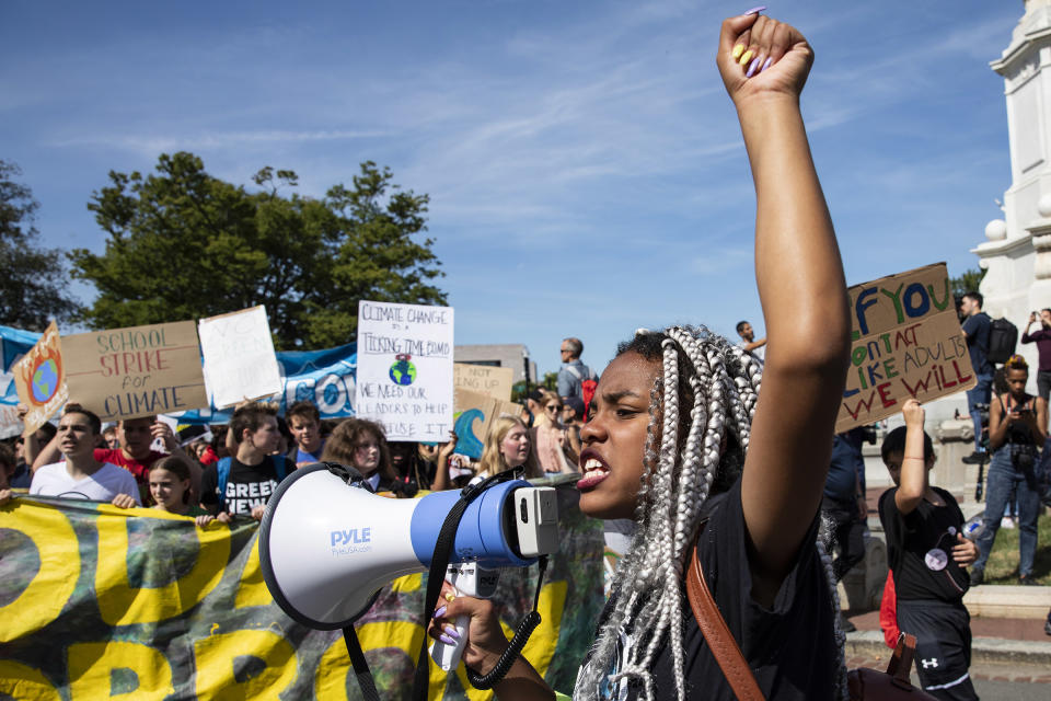 A'niya Taylor, 16, from Baltimore, MD, leads other youth down Pennsylvania Avenue to the U.S. Capitol Building as part of the Global Climate Strike protests on September 20, 2019 in Washington, DC. | Samuel Corum—Getty Images