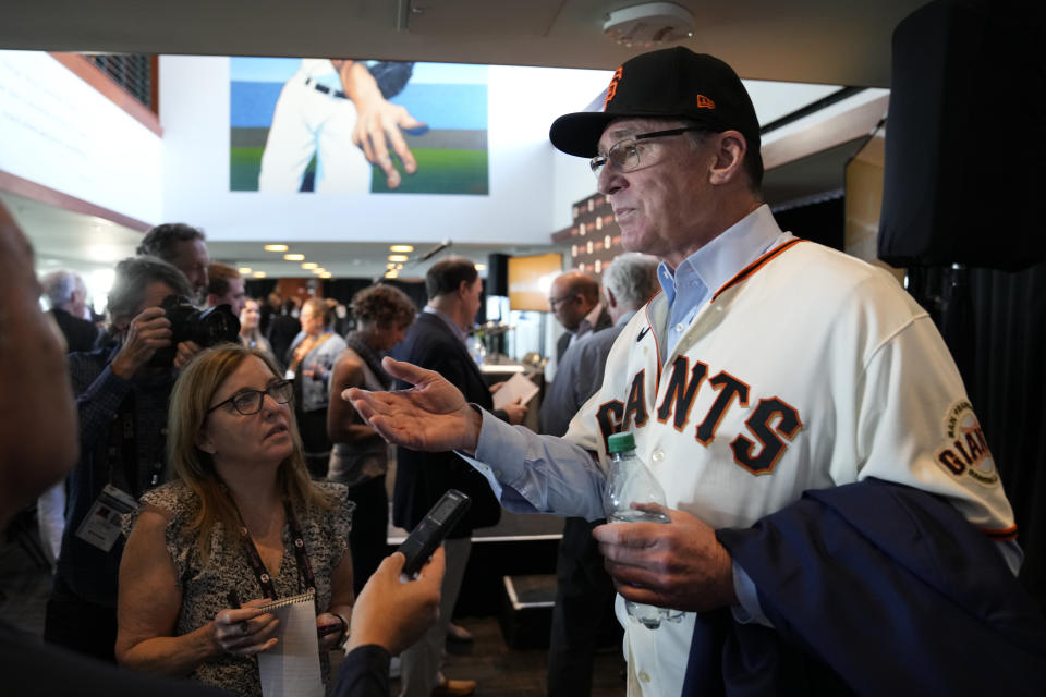 San Francisco Giants manager Bob Melvin answers questions following an introductory baseball news conference at Oracle Park in San Francisco, Wednesday, Oct. 25, 2023. (AP Photo/Eric Risberg)