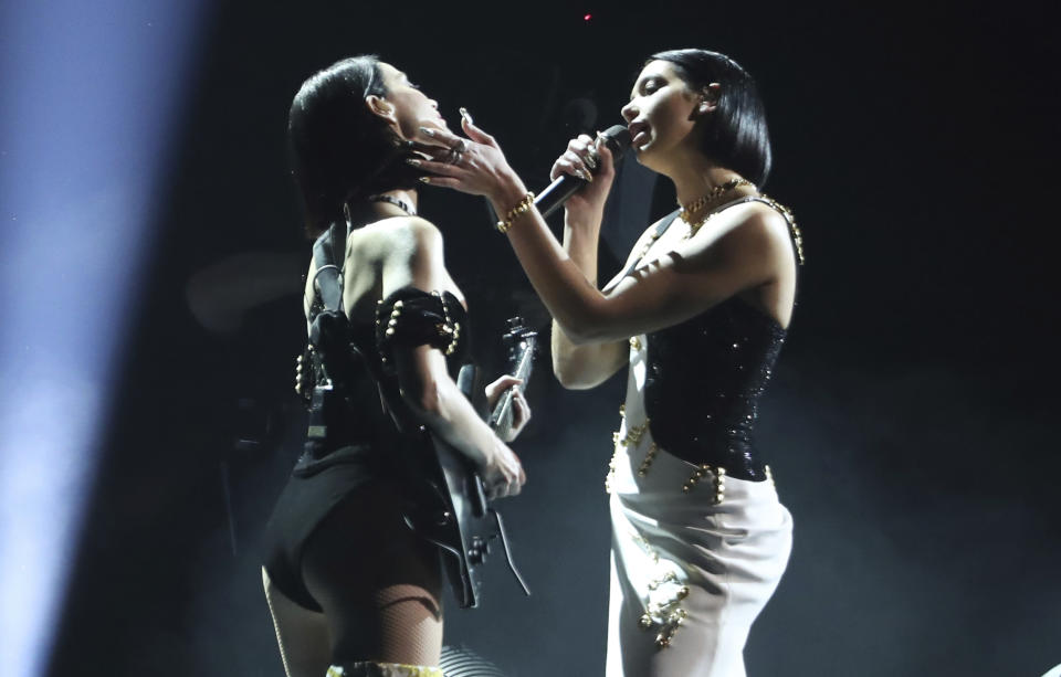 St. Vincent, left, and Dua Lipa perform a medley at the 61st annual Grammy Awards on Sunday, Feb. 10, 2019, in Los Angeles. (Photo by Matt Sayles/Invision/AP)