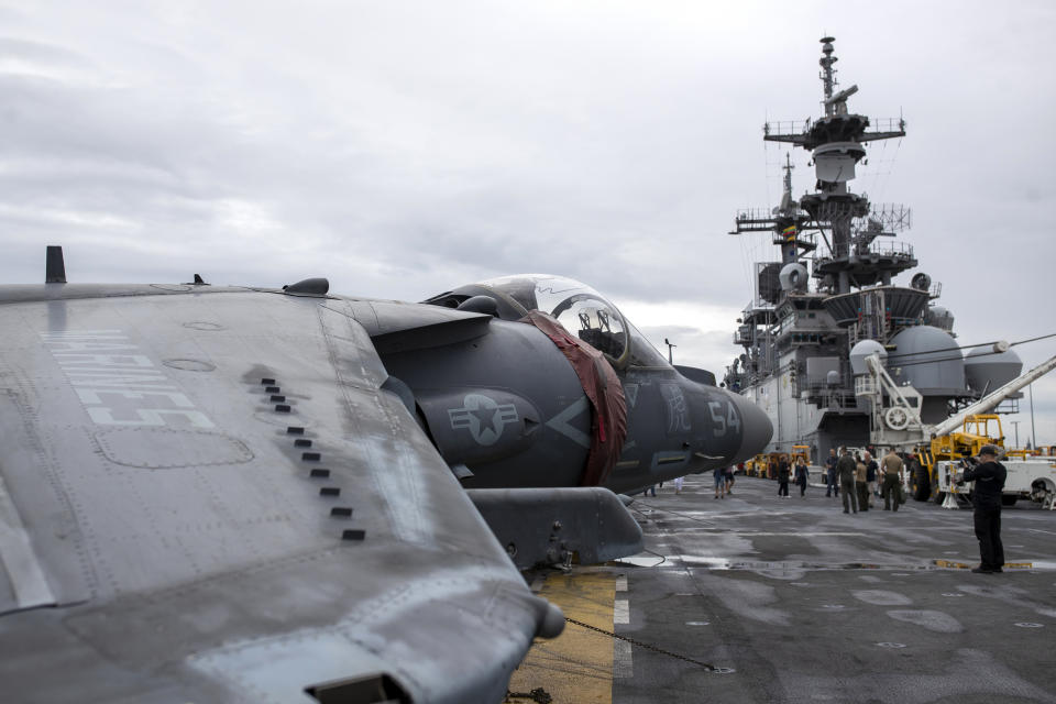 A view of a Harrier Jet on the deck of Wasp-class amphibious assault ship USS Kearsarge of the United States Navy, at the seaport of Klaipeda, Lithuania, Monday, Aug. 22, 2022. The Wasp-class amphibious assault ship USS Kearsarge (LHD 3), flagship of the Kearsarge Amphibious Ready Group and 22nd Marine Expeditionary Unit, arrived in Klaipeda, Lithuania for a scheduled port visit, Aug. 20, 2022. The ship's presence in Lithuania builds on the strong and enduring relationship the United States shares with the Baltic country, showing NATO solidarity and unity. (AP Photo/Mindaugas Kulbis)