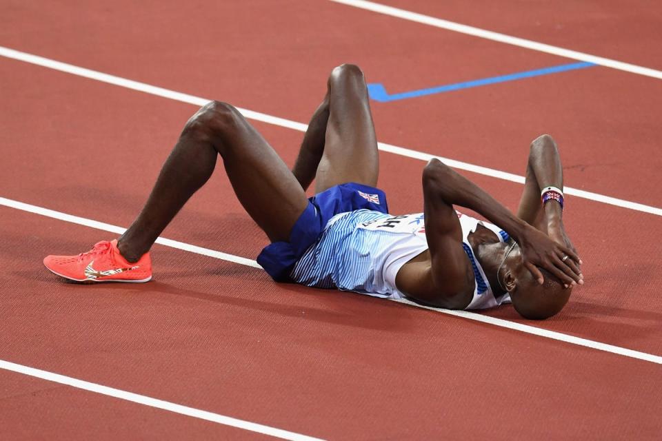 2017: Mo Farah reacts after finishing second in the Men's 5000m final during day nine of the 16th IAAF World Athletics Championships London 2017 at The London Stadium (Getty Images)