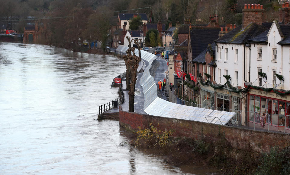 Flood defences have been installed in Ironbridge, Shropshire, ahead of Storm Bella. (Photo by Nick Potts/PA Images via Getty Images)