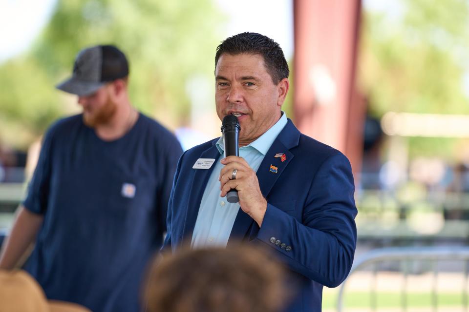 Kelly Cooper, Republican candidate for Congressional District 4, speaks during the Turning Point Action event at South Mountain Pavilion at Tumbleweed Park in Chandler on Aug. 27, 2022.