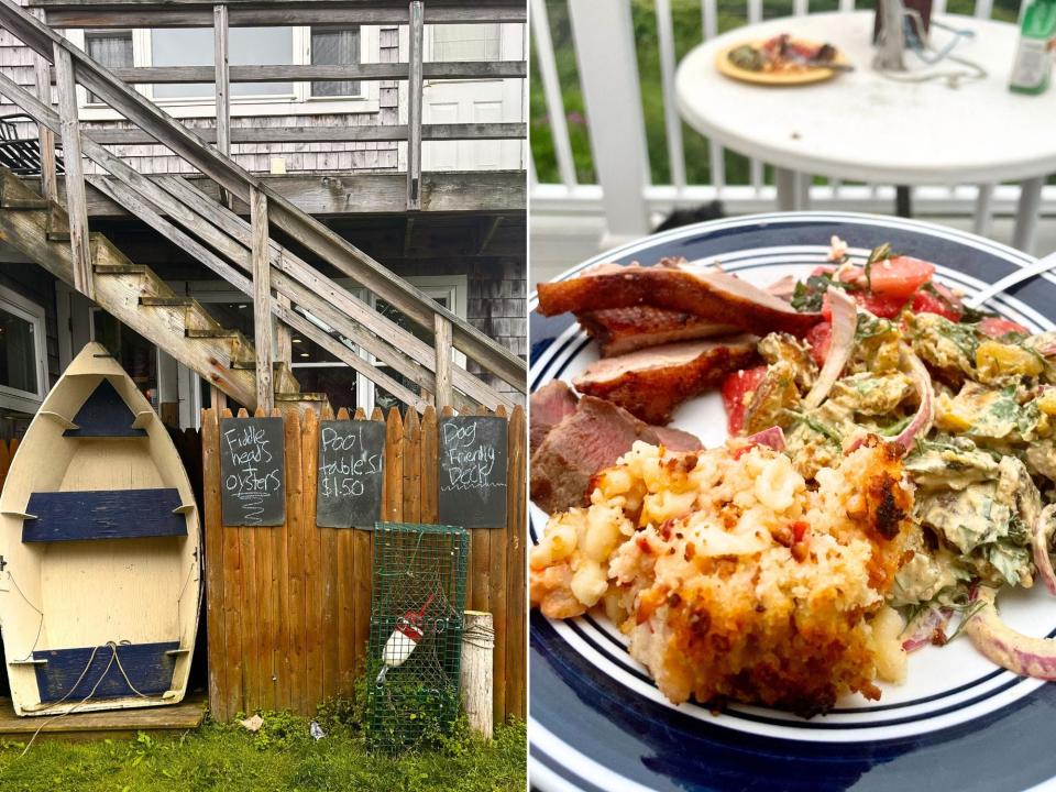 Left: A small boat standing up against a fence with a building behind it. Right: A meal on a plate made entirely of farmer's market ingredients