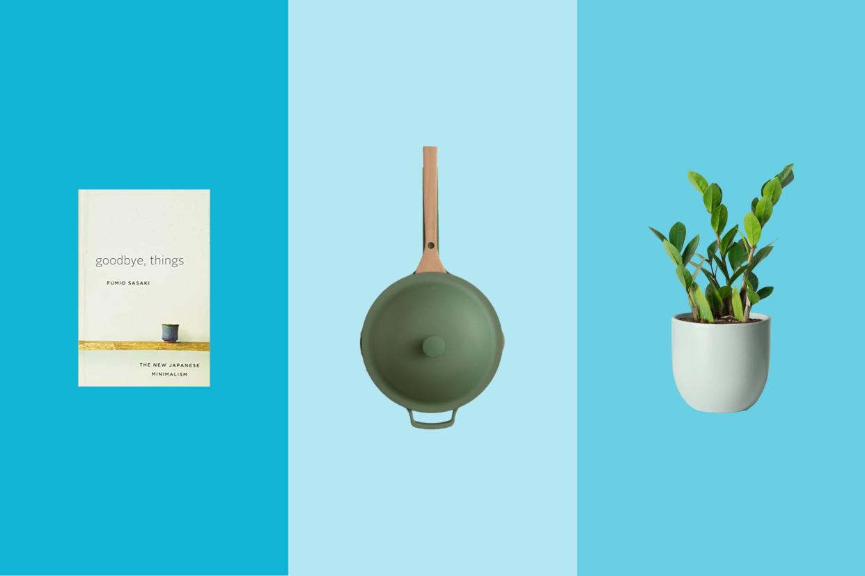 Three gift items on tri-toned blue hues, Goodbye Things Book by Fumio Sasaki, a Top-View of a Black Cooking Pot, and a potted plant