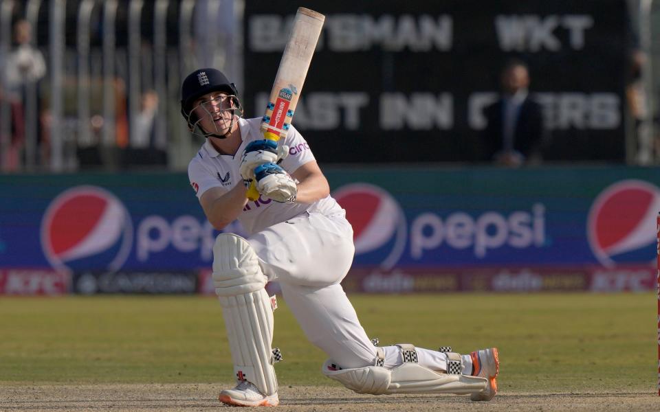 England's Harry Brook plays a shot during the fourth day of the first test cricket match between Pakistan and England, in Rawalpindi, Pakistan, Sunday, Dec. 4, 2022 - AP Photo/Anjum Naveed
