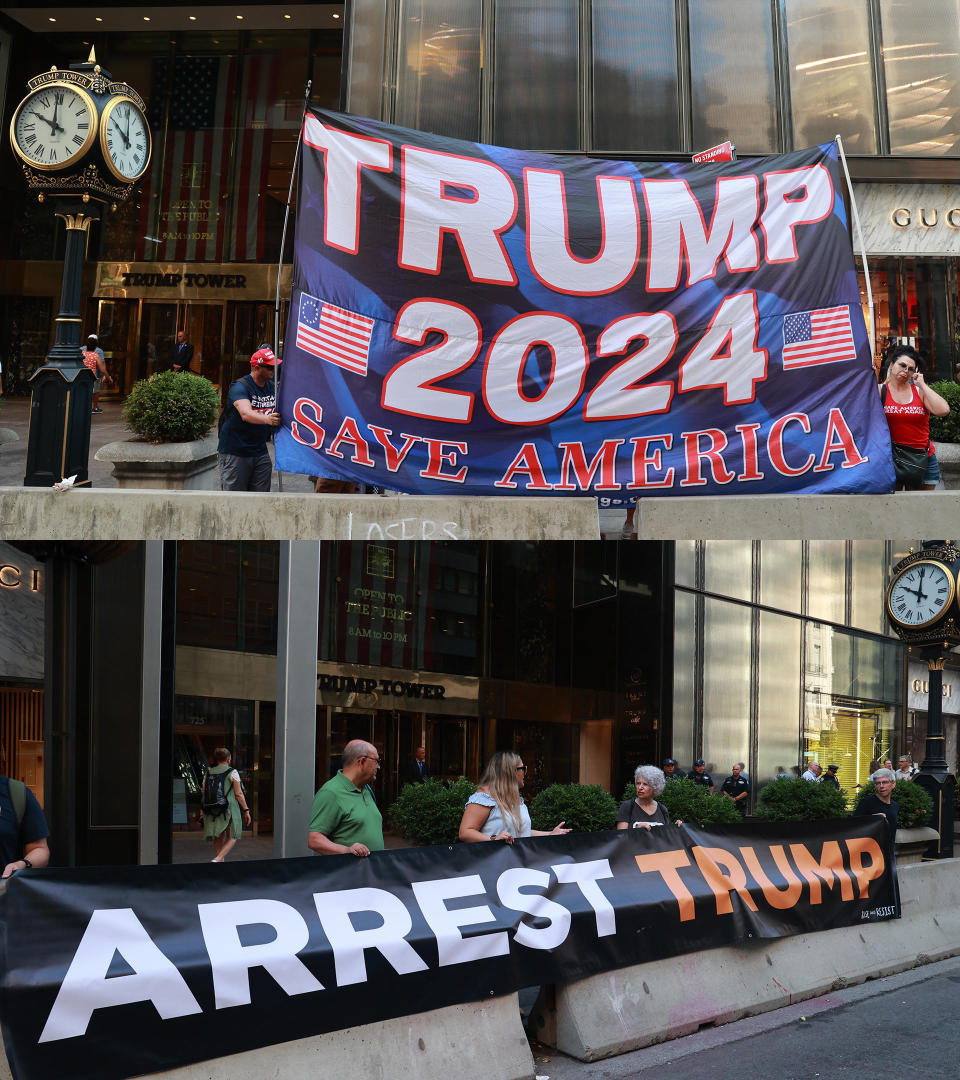 Dueling protests are held outside Trump Tower in New York City on Tuesday, the day after it was learned the FBI had served a search warrant and seized boxes of classified documents from Trump's Florida home.  / Credit: Photos by Luiz C. Ribeiro for N.Y. Daily News via Getty Images