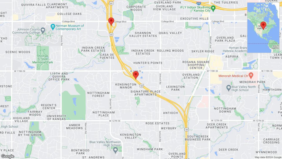 A detailed map showing the affected road due to 'Lane on US-69 closed in Overland Park' on June 10 at 12:32 am