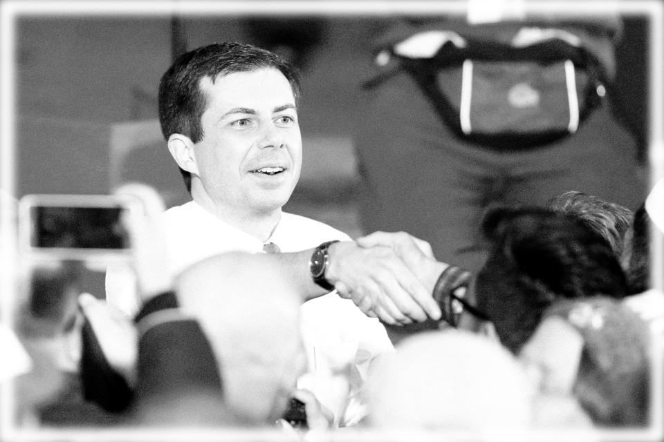 Pete Buttigieg shakes hands with supporters after he announced that he will seek the Democratic presidential nomination during a rally in South Bend, Ind., Sunday, April 14, 2019.  (Photo: Michael Conroy/AP, digitally enhanced by Yahoo News)