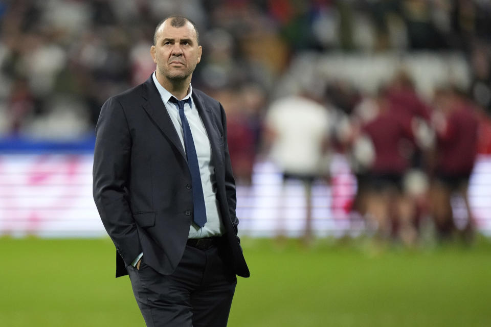 Argentina's head coach Michael Cheika prior to the Rugby World Cup third place match between England and Argentina at the Stade de France in Saint-Denis, outside Paris, Friday, Oct. 27, 2023. (AP Photo/Pavel Golovkin)