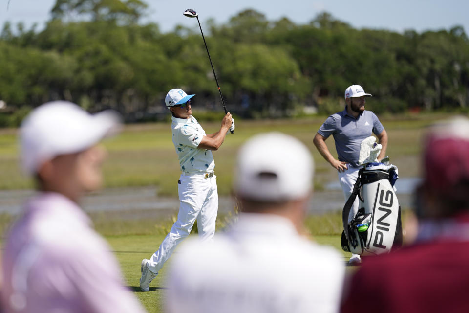 Rickie Fowler watches his tee shot on the third hole during the first round of the PGA Championship golf tournament on the Ocean Course Thursday, May 20, 2021, in Kiawah Island, S.C. (AP Photo/David J. Phillip)