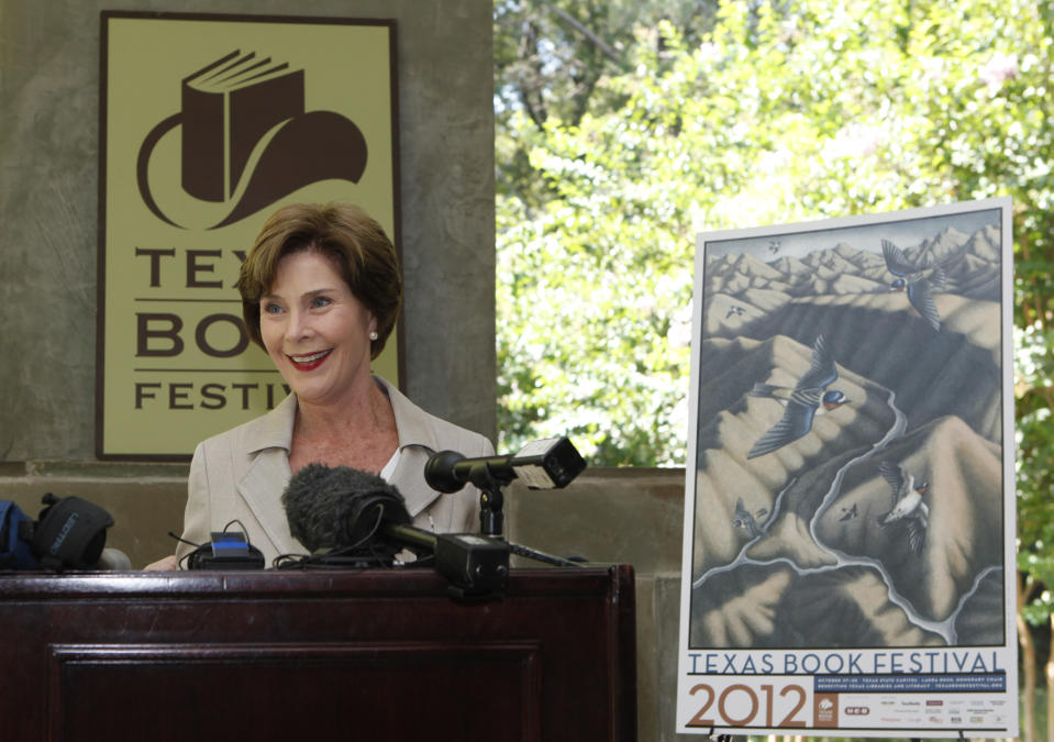 Former first lady Laura Bush speaks at a announcement of the lineup for the 2012 Texas Book festival Wednesday, Sept. 12, 2012, at her home in the Preston Hollow section of Dallas. Bush, who founded the festival when she was first lady of Texas, also unveiled this year’s book festival poster for the annual event in Austin. (AP Photo/LM Otero)