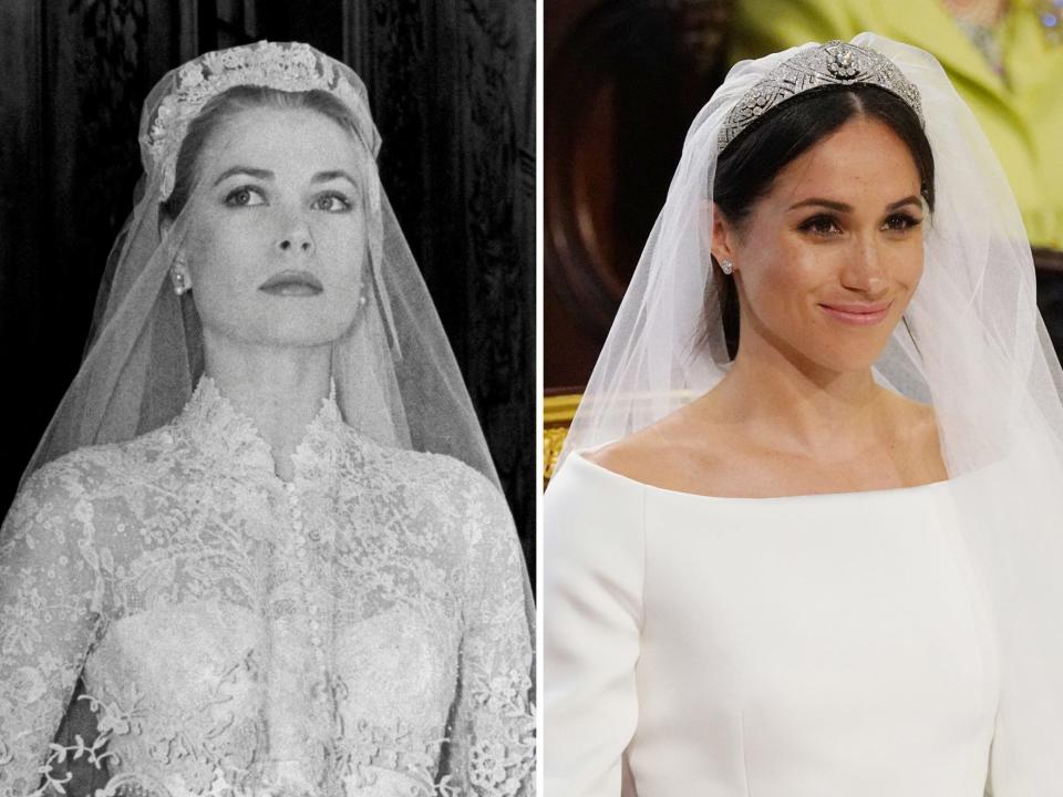 grace kelly on her wedding day in 1956; meghan markle on her wedding day in 2018